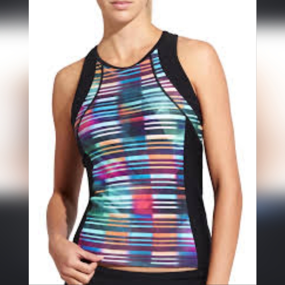 ATHLETA Tankini Top Swim Out Open Back SzXXS Rainbow Stripe Mesh Performance - Picture 3 of 13
